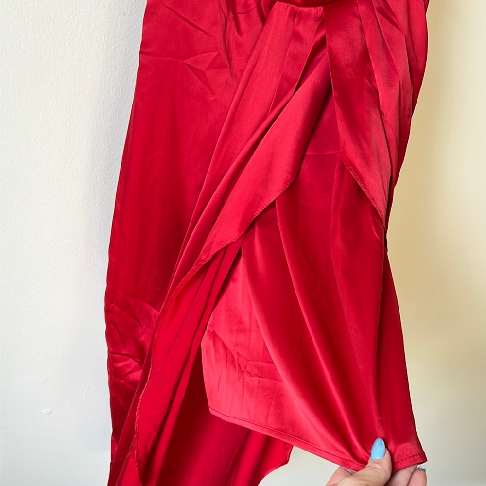 Lulus Law of Attraction Red Satin One-Shoulder Asymmetrical Midi Dress - Picture 5 of 8
